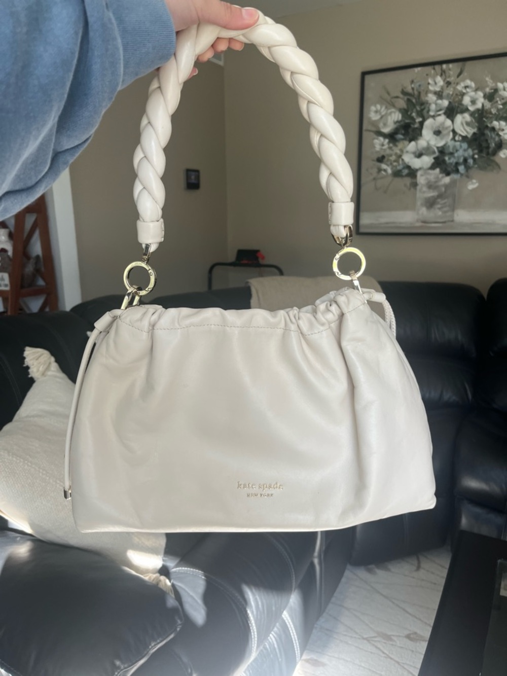 kate spade Cream Braided-Handle Shoulder Bag with Gold Hardware